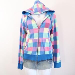 checkered zip up hoodie colorful pastel y2k size L